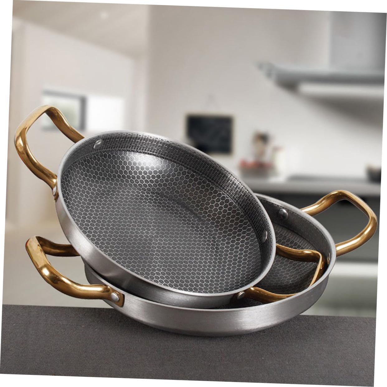 26CM Honeycomb Flat pan Steel Wok with Double Handle for Gas Electric Induction